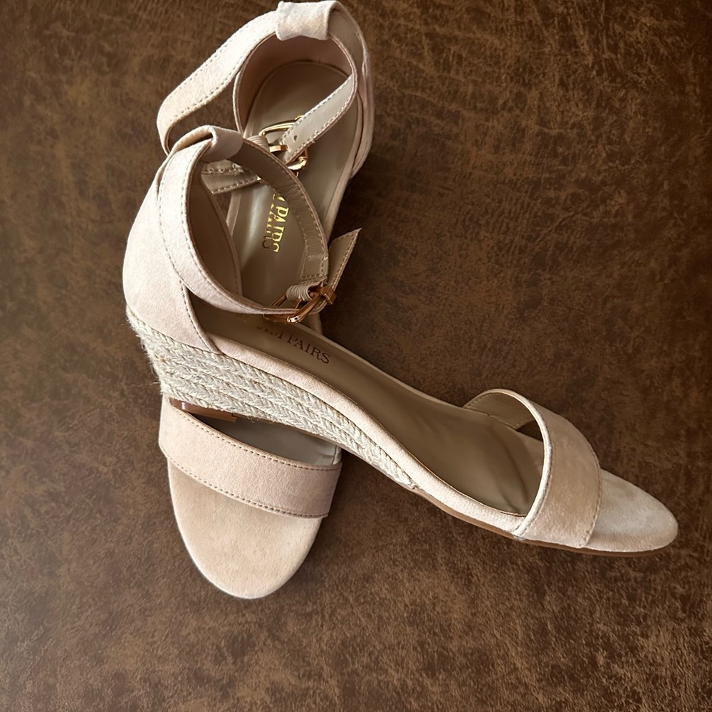 Cream suede wedge ankle strap sandal